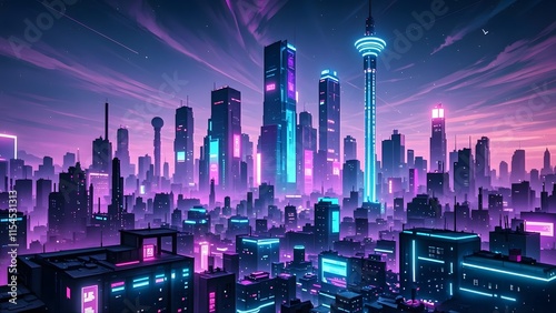 Cyberpunk City Skyline with colorful and Cyan pink Neon lights landscape