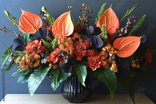 Vibrant Orange and Dark Floral Arrangement in Vase photo