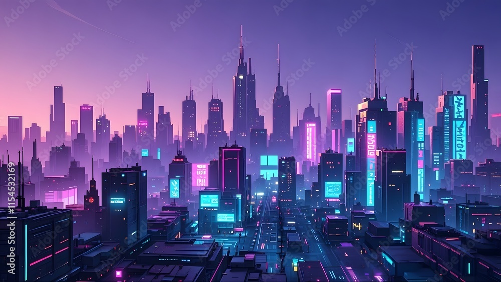 Obraz premium Cyberpunk City Skyline with colorful and Cyan pink Neon lights landscape