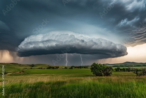 Storm clouds in atmospheric turbulence, thunderhead gray and lightning white, storm break