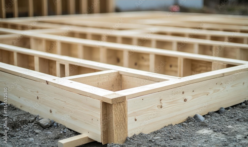 Wooden Frame Construction Base for a New Building Project Outdoors Wooden Frame Construction Base for a New Building Project Outdoors