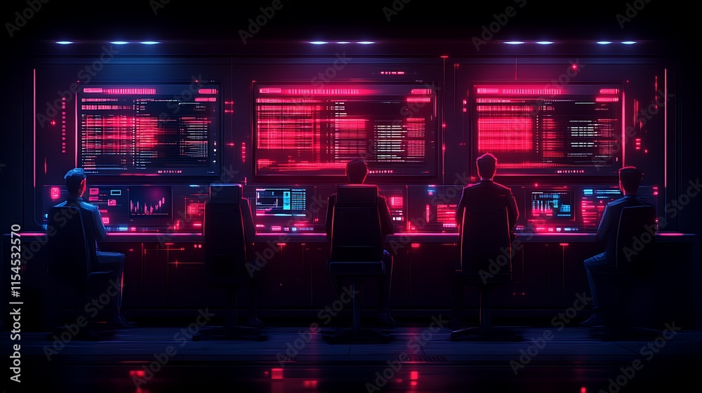 Fototapeta premium Cyber security team monitoring digital data streams in dark control room.