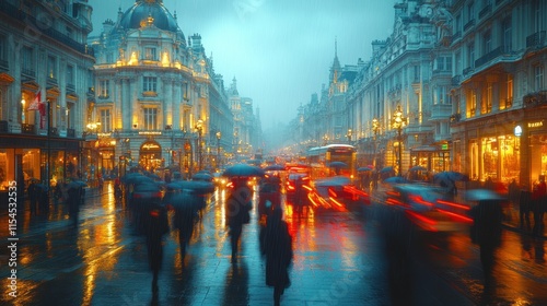 A bustling city street scene in the rain, illuminated by lights and filled with people and traffic.