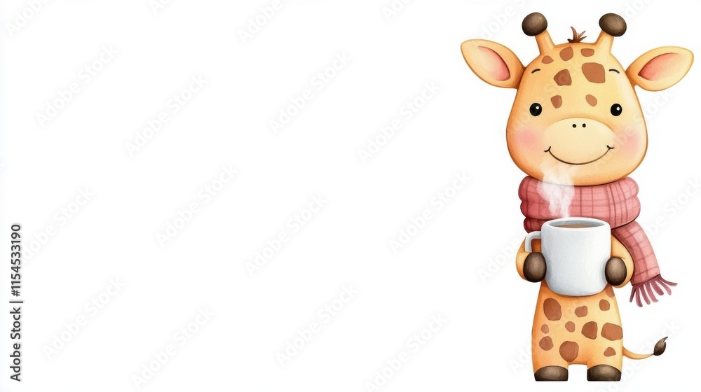 Fototapeta premium Cute Cartoon Giraffe in Scarf Holding a Mug of Hot Drink Against White Background