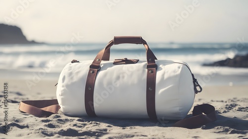 White Leather Trimmed Travel Bag On Sandy Beach photo