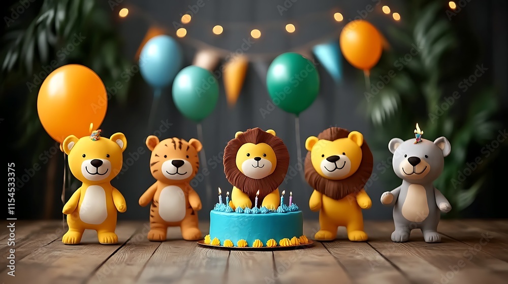 Obraz premium Cute animal figurines celebrating a birthday with cake and balloons.