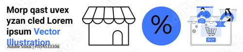 Small retail store, percentage discount icon, and two people shopping online using a laptop. Ideal for e-commerce, online shopping, discount campaigns, retail marketing, store promotions, digital