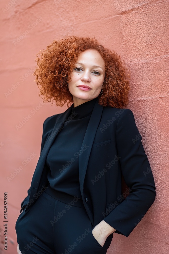 Confident Woman in Black Suit Posing Against Pink Wall Background