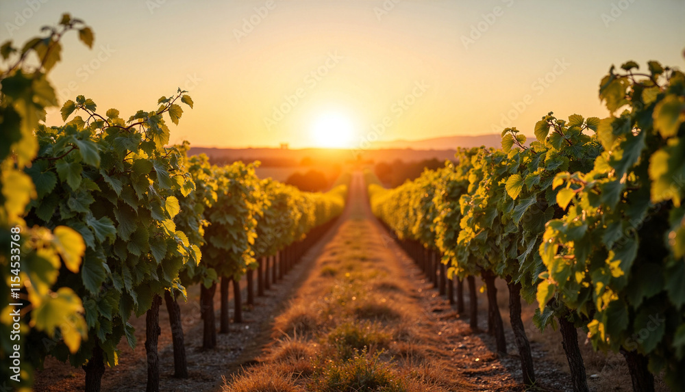 Naklejka premium Winery Vineyard Rows at Sunset in Golden Hour Lighting with Serene Ambiance