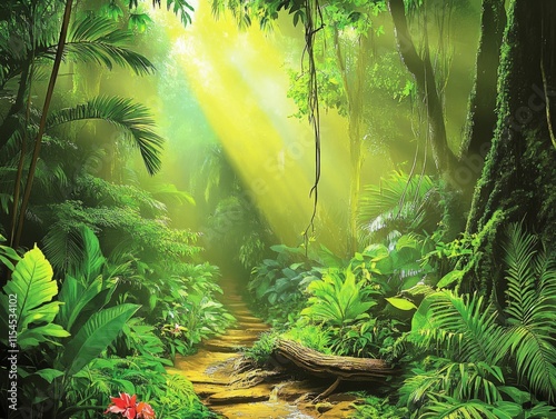 Lush Amazon Rainforest with Sunlight and Greenery photo