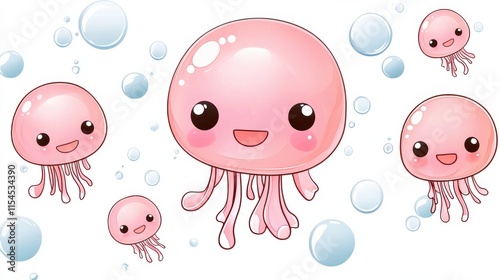 Adorable Smiling Cartoon Jellyfish Creatures Swimming in Underwater Scene with Bubbles photo