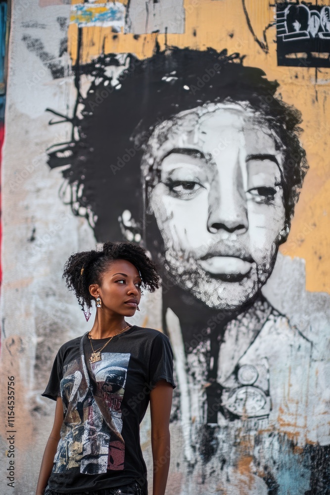 Obraz premium Young Woman Posing Against Urban Street Art Mural Background