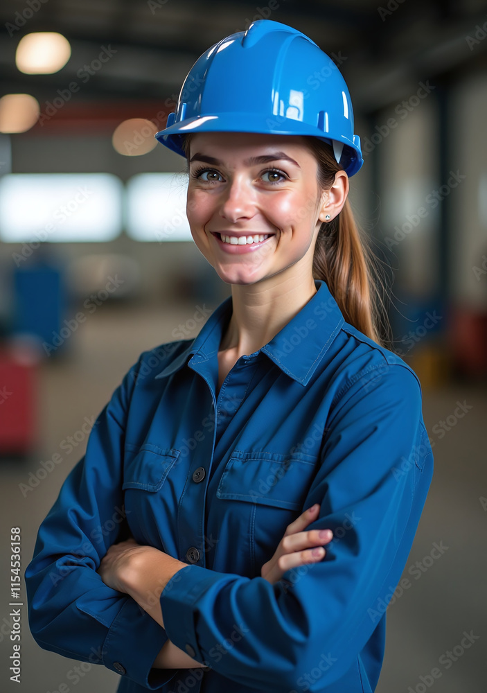 young female engineer wears blue uniform safety hat workshop every young female engineer wears blue uniform safety hat workshop every