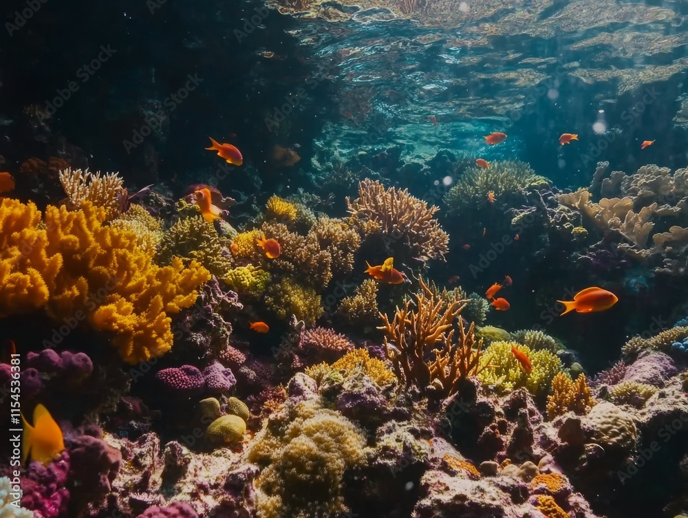 Naklejka premium Vibrant Coral Reef with Colorful Fish Underwater Scene