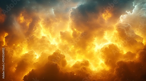 Fiery orange and yellow clouds illuminated from within, resembling a celestial inferno or storm. photo