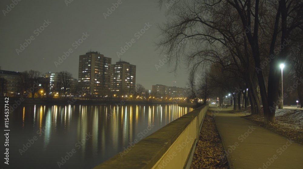 Fototapeta premium Serene Nightscape of City Reflections and Calm Urban Riverbank