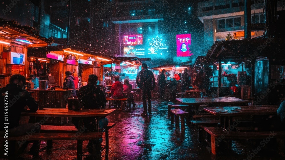 Vibrant Night Market Scene under Rainy Sky with Illuminated Stalls Vibrant Night Market Scene under Rainy Sky with Illuminated Stalls