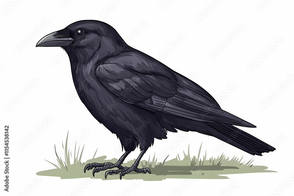 Detailed illustration of a solitary black crow standing on grass with naturalistic features and expressive eyes Detailed illustration of a solitary black crow standing on grass with naturalistic features and expressive eyes