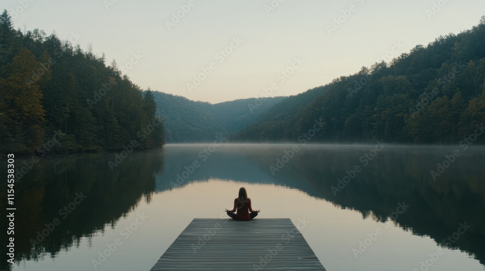 Serene Meditation by a Calm Lake at Dawn in a Tranquil Nature Setting Serene Meditation by a Calm Lake at Dawn in a Tranquil Nature Setting