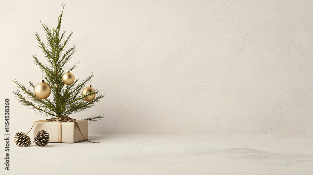 Fototapeta premium Minimalist Christmas tree with gold ornaments and pine cones on neutral background, perfect for holiday decoration or card design