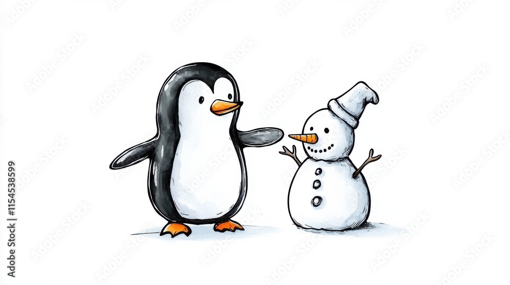 Fototapeta premium Cute Penguin and Snowman Friends Playing in Winter Wonderland