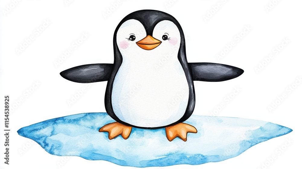 Fototapeta premium Cute Cartoon Penguin Character Sitting on Ice Block in Arctic Winter Scene