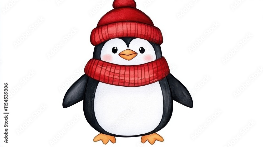 Obraz premium Cute Cartoon Penguin in Festive Winter Outfit with Hat and Scarf
