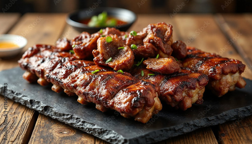 Juicy Grilled Korean Beef Ribs on Slate Plate in Rustic Setting with Warm Lighting Juicy Grilled Korean Beef Ribs on Slate Plate in Rustic Setting with Warm Lighting