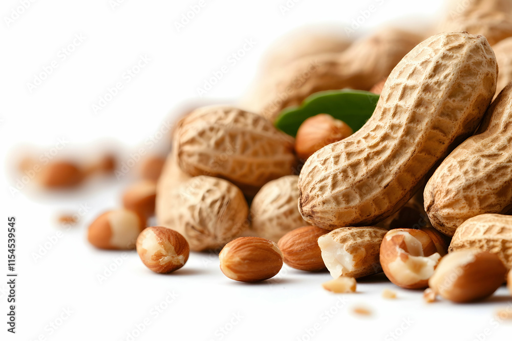 Close-Up of Shelled and Unshelled Peanuts with a Green Leaf on a White Background Close-Up of Shelled and Unshelled Peanuts with a Green Leaf on a White Background