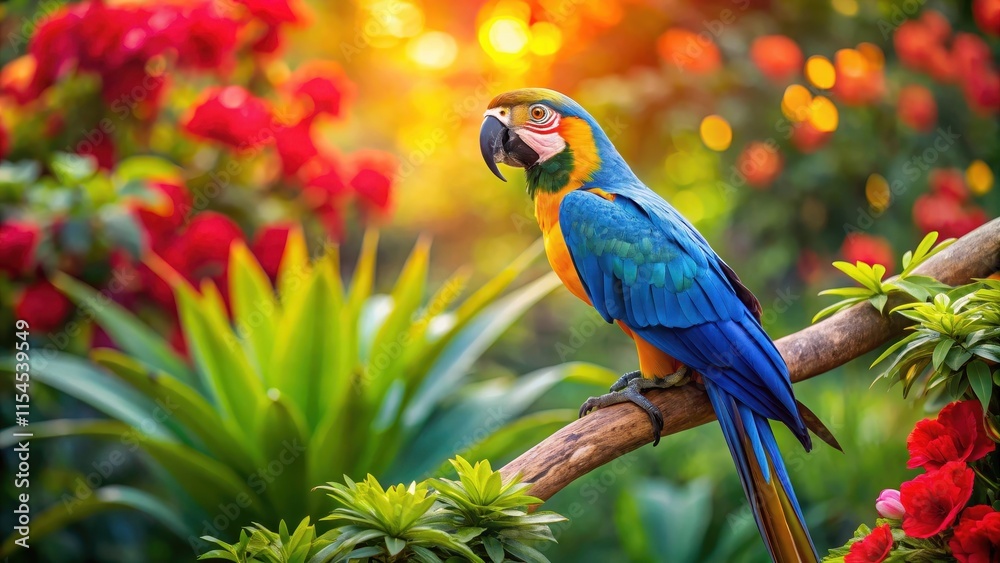 Fototapeta premium Blue and yellow macaw perched on a branch in front of a vibrant tropical background with lush green leaves and colorful flowers