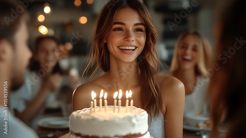 Happy woman celebrating birthday with friends.