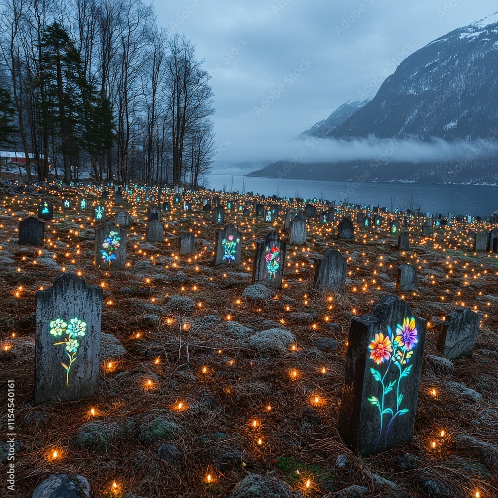 Φωτογραφία Stunning Landscape Cemetery at Dusk with Glowing Flower Tombstones and Twinkling