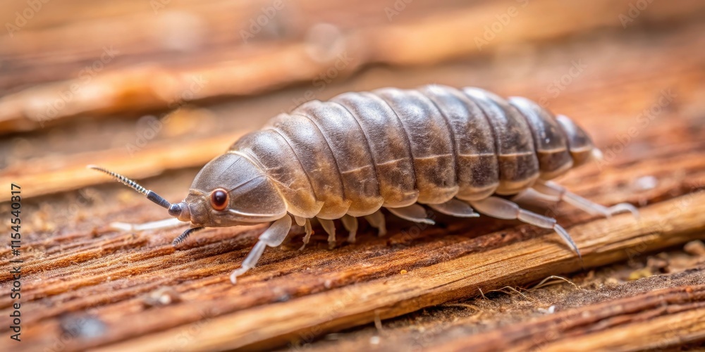 Wood louse, brown elongated worm with segmented body, mottled brown color, rounded head, long tail, antennae Wood louse, brown elongated worm with segmented body, mottled brown color, rounded head, long tail, antennae