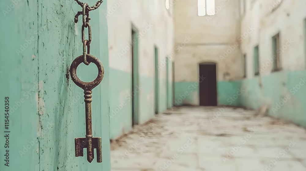 Antique Key Hanging in an Abandoned Building with Rustic Walls and Faded Colors Antique Key Hanging in an Abandoned Building with Rustic Walls and Faded Colors