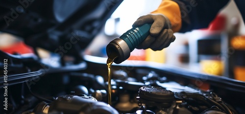 A person pours oil into a car engine, performing maintenance. photo