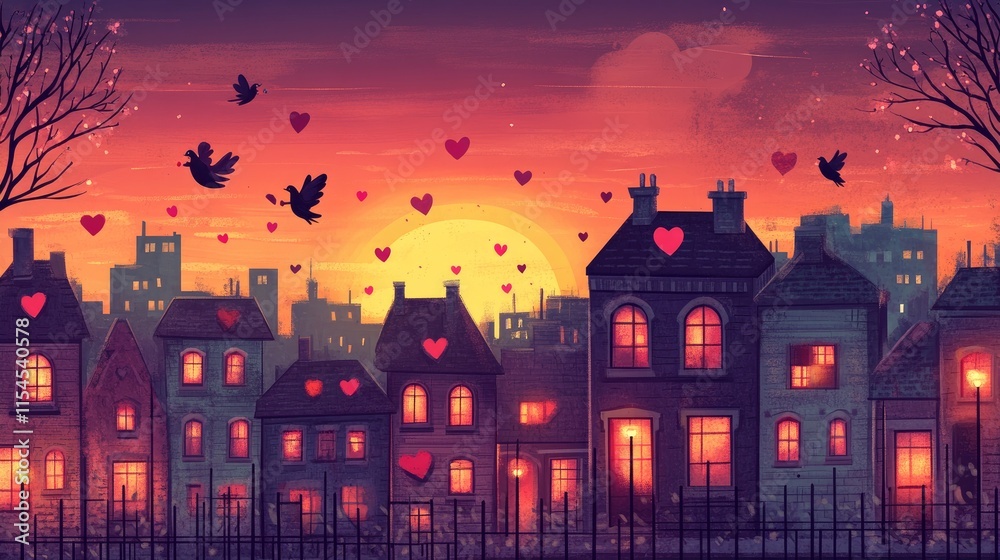 Romantic Cityscape Sunset Birds Hearts Houses Romantic Cityscape Sunset Birds Hearts Houses