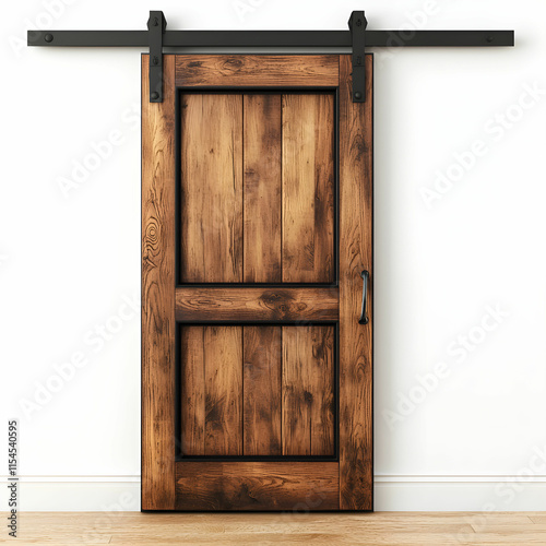 Rustic wooden barn door with sliding mechanism against a white wall for interior design inspiration
