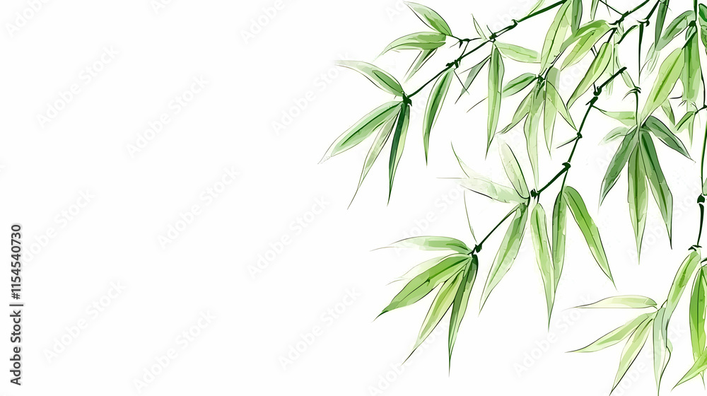 Naklejka premium Delicate Green Bamboo Leaves on a White Background Creating a Serene and Tranquil Atmosphere for Nature Lovers