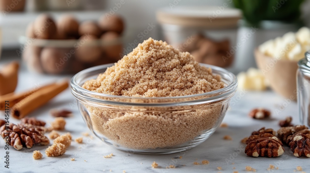 Brown sugar in a glass bowl with kitchen ingredients and spices Brown sugar in a glass bowl with kitchen ingredients and spices