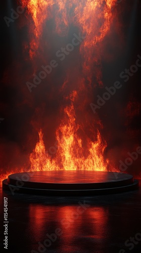 A fire is burning in the background of a stage