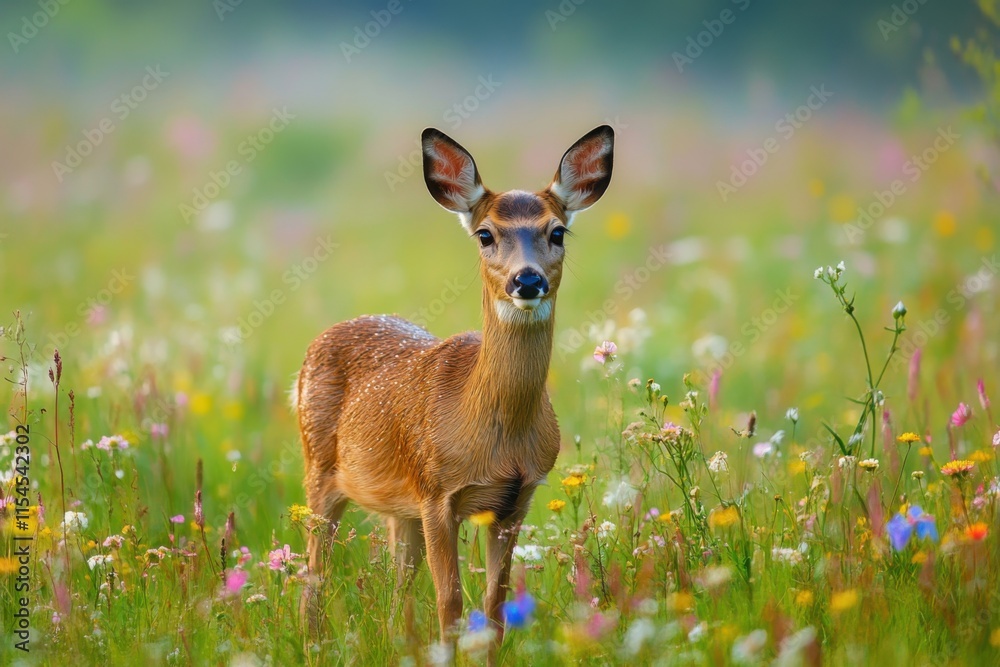 Wide-angle view of a wildflower meadow with grazing deer, early morning dew, pastoral style Wide-angle view of a wildflower meadow with grazing deer, early morning dew, pastoral style
