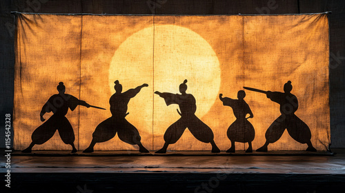 Shadow Puppets Performing Against a Dramatic Orange Sunset Background photo