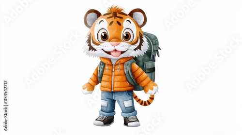 Cute Cartoon Tiger Plush Toy with Friendly Expression Wearing Orange Jacket photo