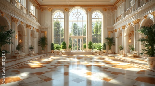 Luxury Palace Interior. Grand Hall with Large Windows. Concept of opulence  elegance  and grandeur.