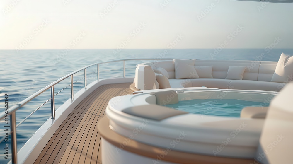 Fototapeta premium A luxurious yacht deck with a hot tub overlooking calm ocean waters at sunset.