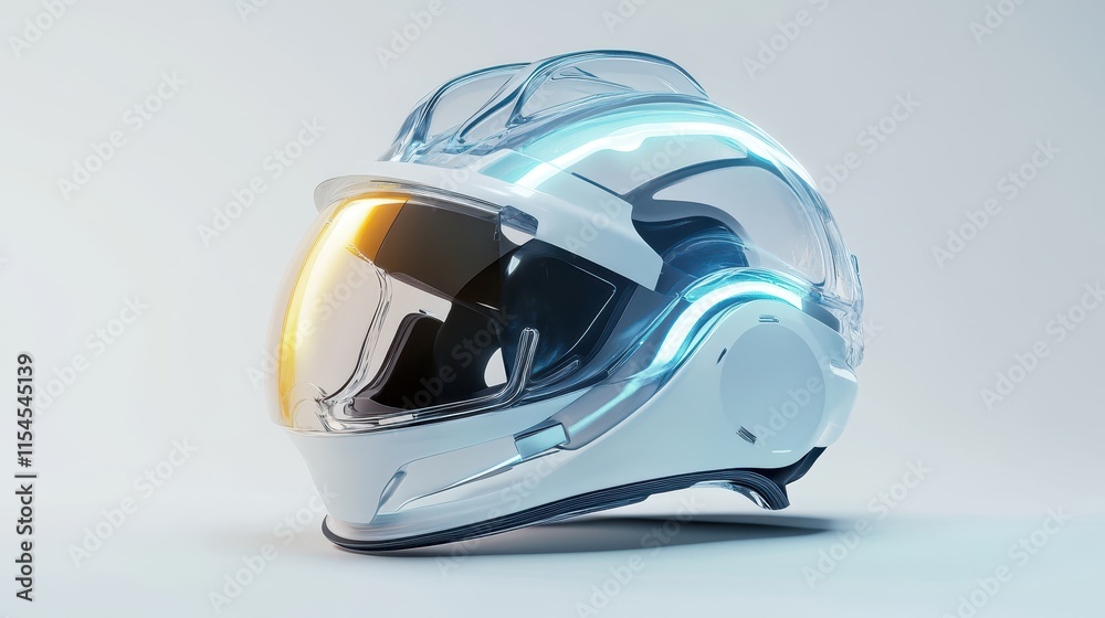 Fototapeta premium Industrial helmet with reflective elements, set on a white background, combining safety with contemporary style --ar 16:9 --v 6.1 Job ID: afc3c003-b88d-433f-b45b-6e343b4f5d8e