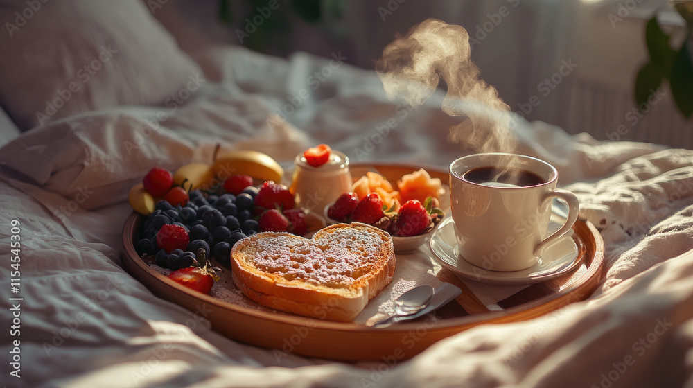 A cozy breakfast tray with heart-shaped toast, fruits, coffee, and pastries in bed.