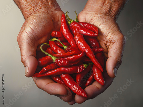A pair of hands cradles vibrant red chili peppers, showcasing their glossy texture and fresh appearance.