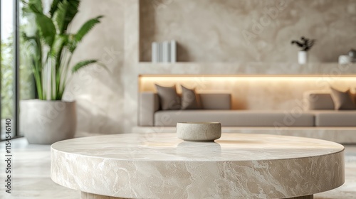 Blurred background of a chic modern living room featuring a beige marble table and a floating shelf, creating a soft bokeh effect.