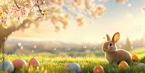 In this serene Easter scene, a cute rabbit is joyfully surrounded by colorful decorated eggs beneath a flowering tree, in a sunlit meadow of lush grass, inviting all to celebrate spring renewal photo